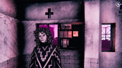 Saturnalia screenshot showing a character with curly hair standing in front of a breaker box