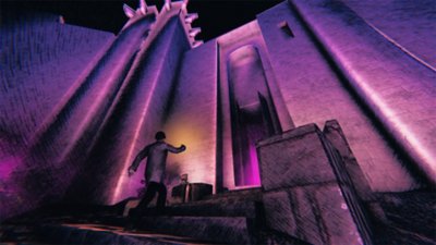 Saturnalia screenshot showing a character walking towards a large castle-like structure