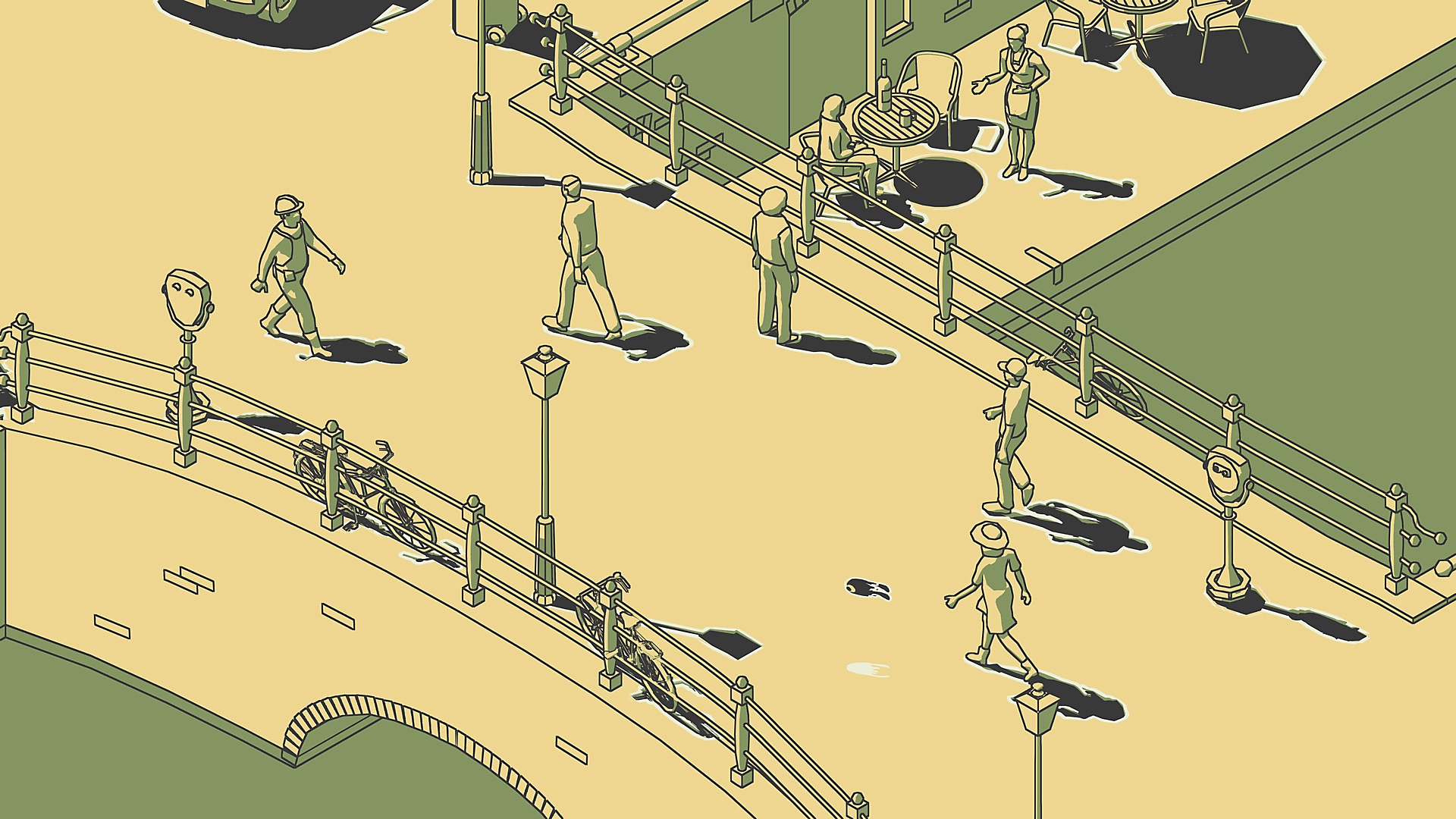 لقطة شاشة من لعبة SCHiM تعرض أشخاصًا يسيرون على جسر