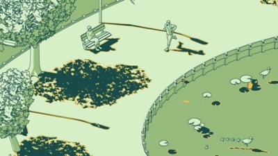 SCHiM – Captură de ecran: o scenă din parc cu un alergător și cineva care stă pe o bancă din parc