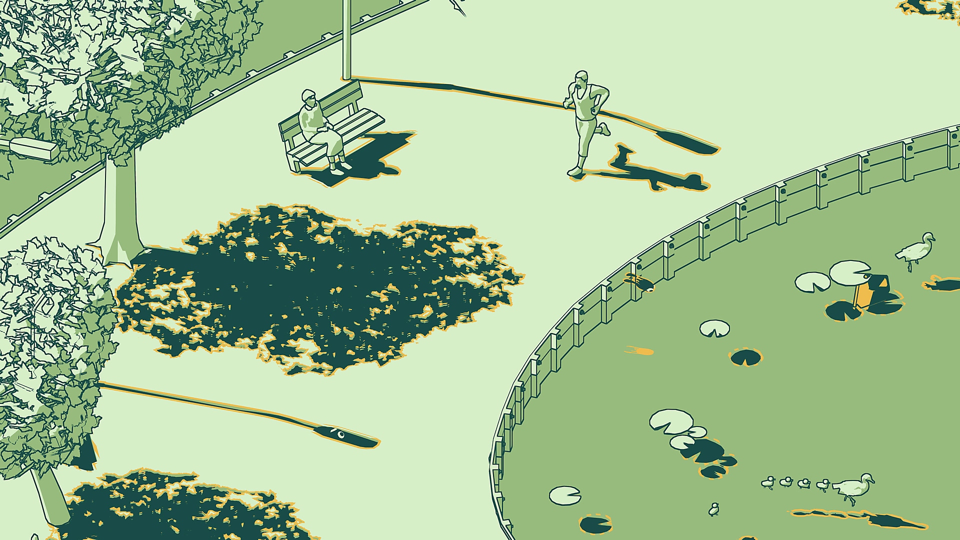 SCHiM-Screenshot einer Parkszene mit einem Jogger und einer Person, die auf einer Parkbank sitzt