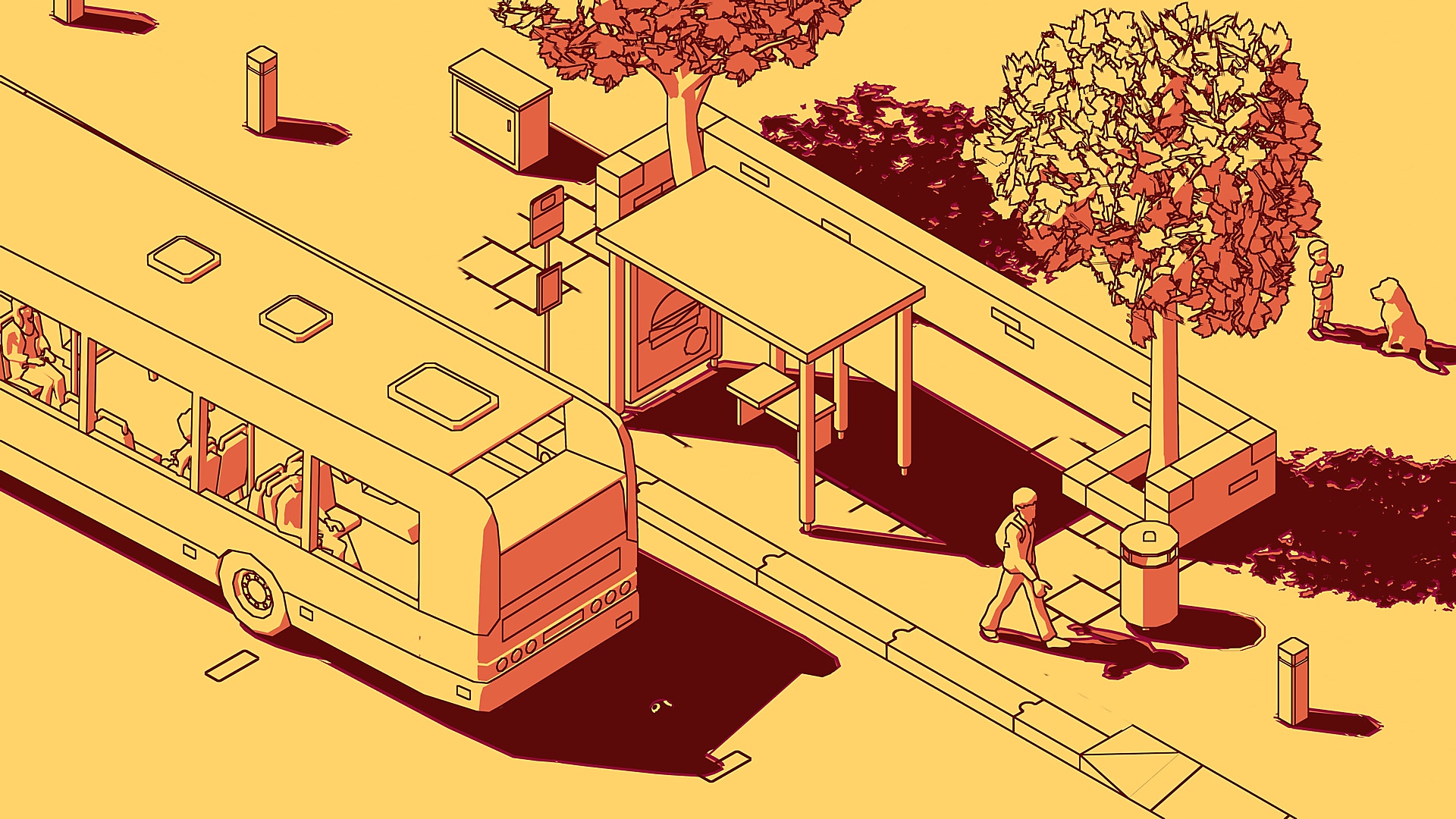 Survior – skärmbild som visar en gul scen med en buss som stannat vid en busshållplats