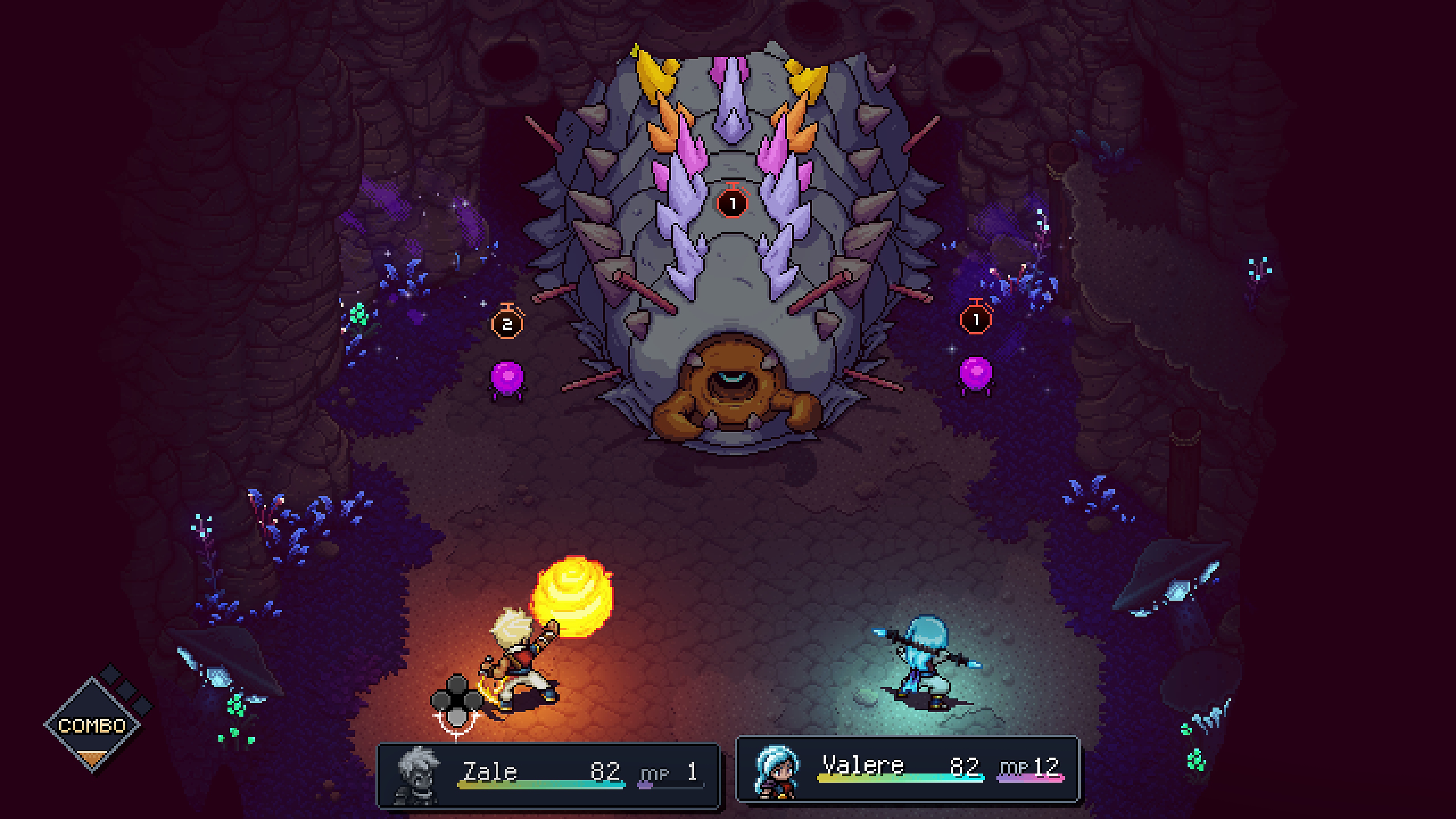 لقطة شاشة من لعبة sea of stars تعرض قتالاً مع زعيم