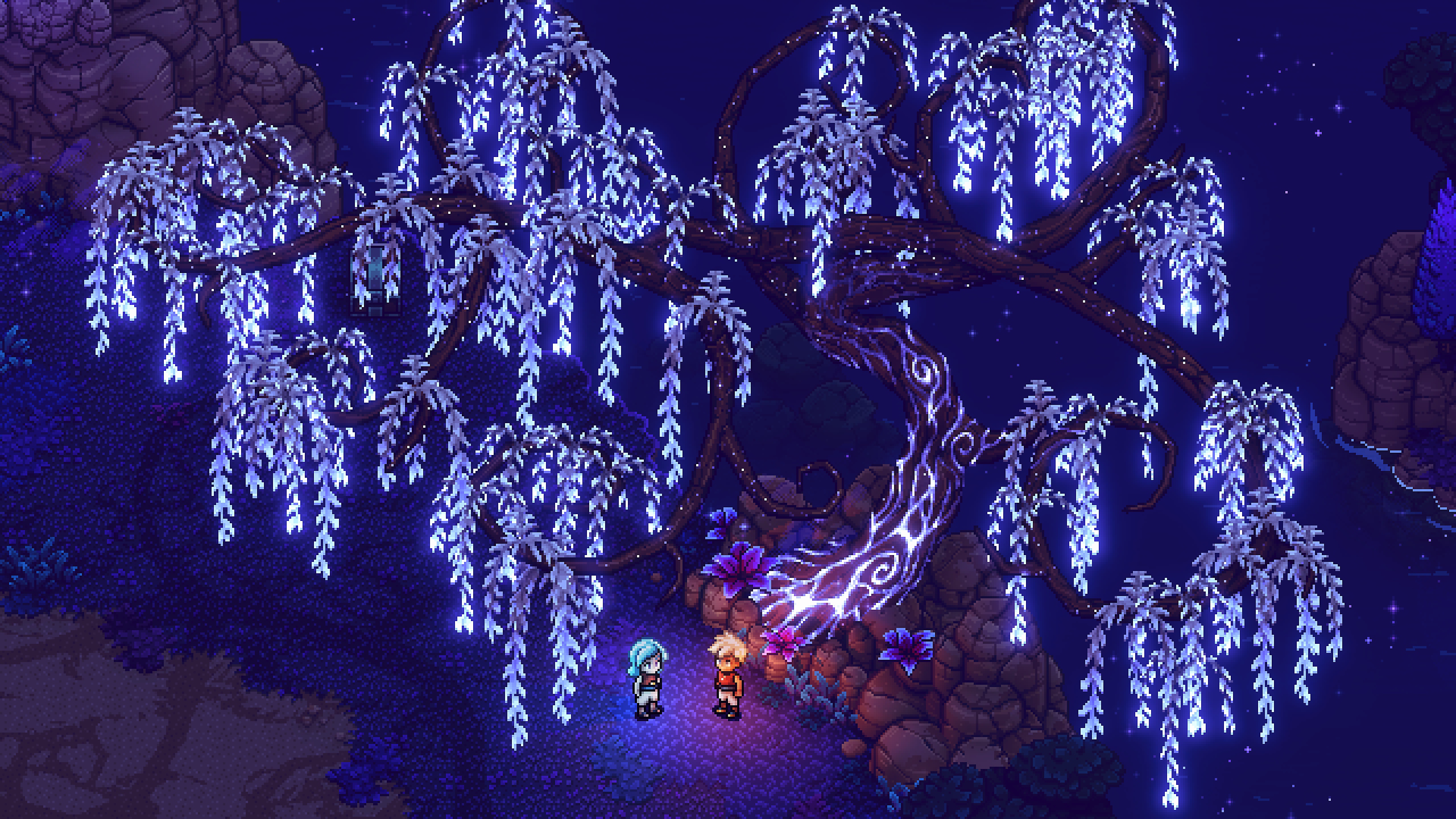 Capture d'écran de Sea of Stars - des personnages sous un arbre aux feuilles lumineuses