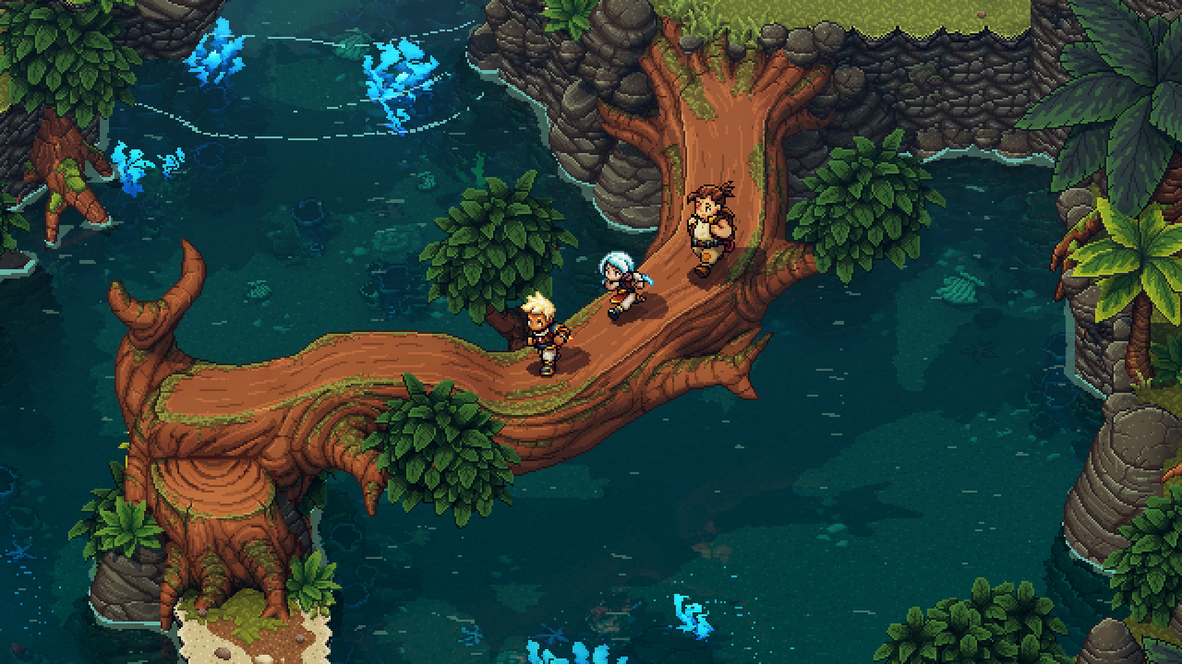 Snímek ze hry zobrazující tři postavy běžící přes kládu.