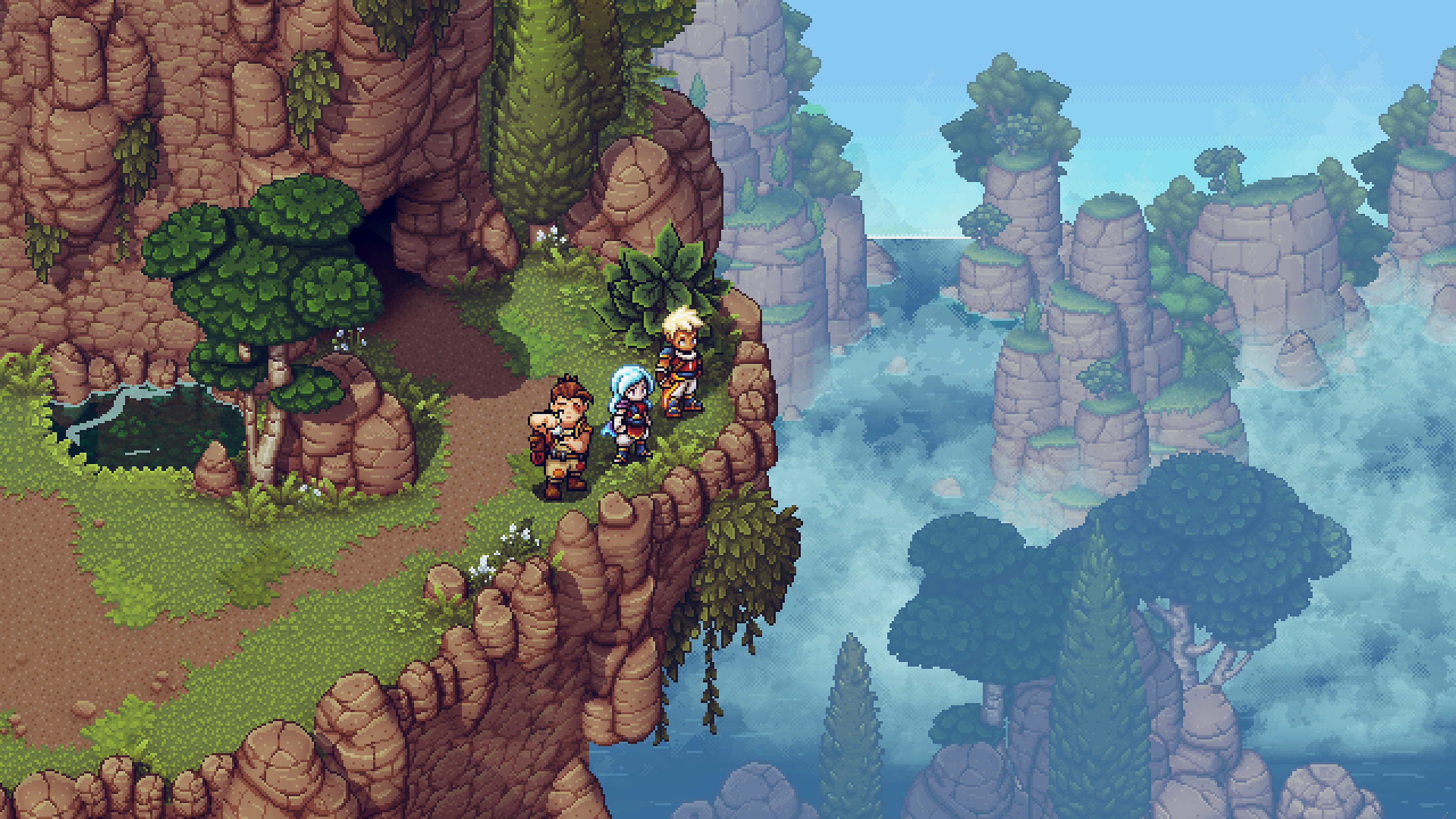 لقطة شاشة من لعبة sea of stars تعرض شخصيات تقف على حافة جرف