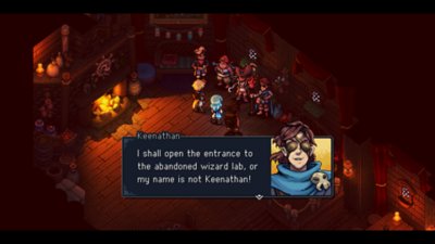 Characters listening to an non-player character speak in a screenshot.