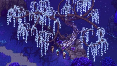 sea of stars characters under a glowing tree screenshot 