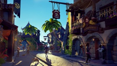 Captura de pantalla de Sea of Thieves de una escena callejera fuera de una taberna