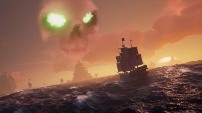 Sea of Thieves screenshot showing a ship at sea heading towards an island with a skull shaped cloud above it