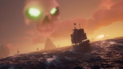 Captura de tela de Sea of Thieves mostrando um navio no mar indo em direção a uma ilha com uma nuvem em forma de caveira em cima dela