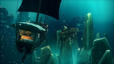 Captura de ecrã do Sea of Thieves com um navio a navegar, mas debaixo de água