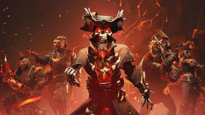 Sea of Thieves screenshot showing a crew in fiery and demonic-looking skins