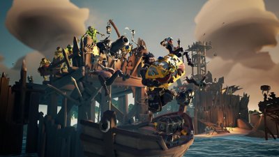 Sea of Thieves screenshot showing a character escaping with a treasure chest chased by undead enemies