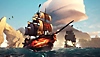 Screenshot van Sea of Thieves met een schip dat de zeilen heeft gehesen, plus een ander schip op de achtergrond