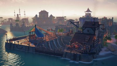 Sea of Thieves – skärmbild på en livlig hamn