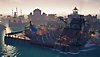 Screenshot van Sea of Thieves met een drukke haven