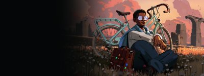 Grafika ze hry Season: A letter to the future zobrazující hlavní postavu opírající se o jízdní kolo.