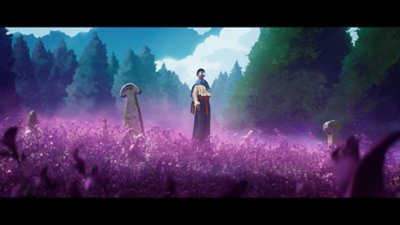 Season: A Letter to the Future - captura de ecrã que mostra a personagem principal num campo rodeada de muitas flores rosa