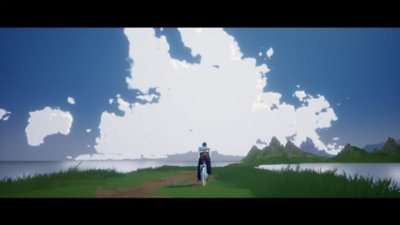 Captura de pantalla de SEASON: A letter to the future con el personaje principal andando en su bicicleta hacia las montañas