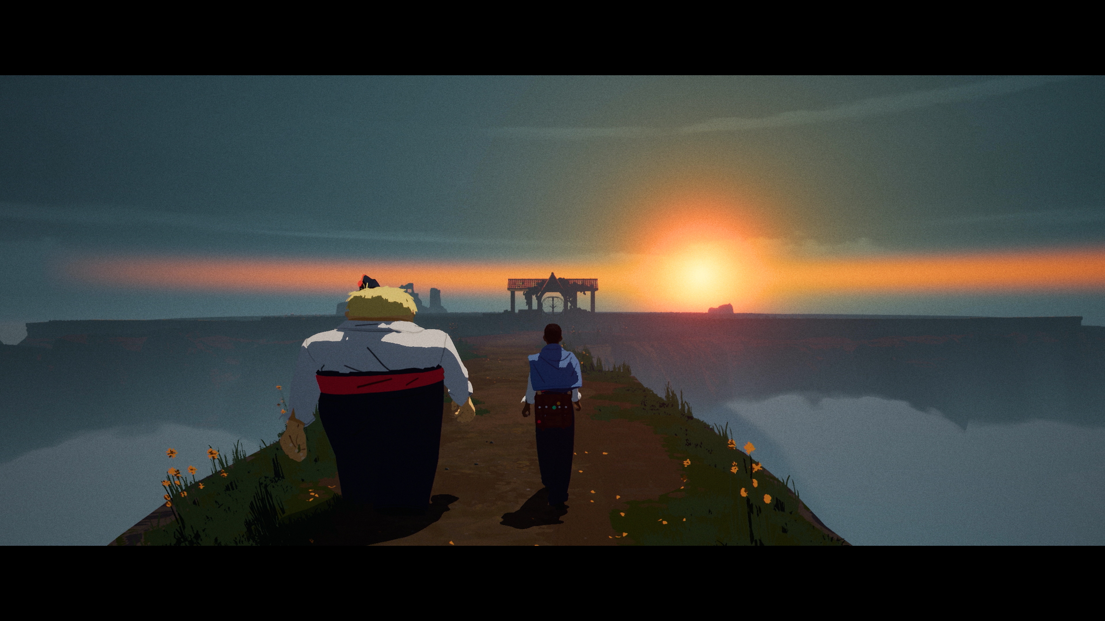 لعبة Season: A Letter to the Future - لقطة شاشة تعرض الشخصية الرئيسية تقف بجانب شخصية أخرى أمام المياه