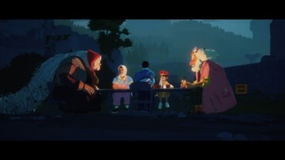 『シーズン 〜未来への手紙〜』のスクリーンショット。様々なキャラクターたちと夕飯を食べている主人公