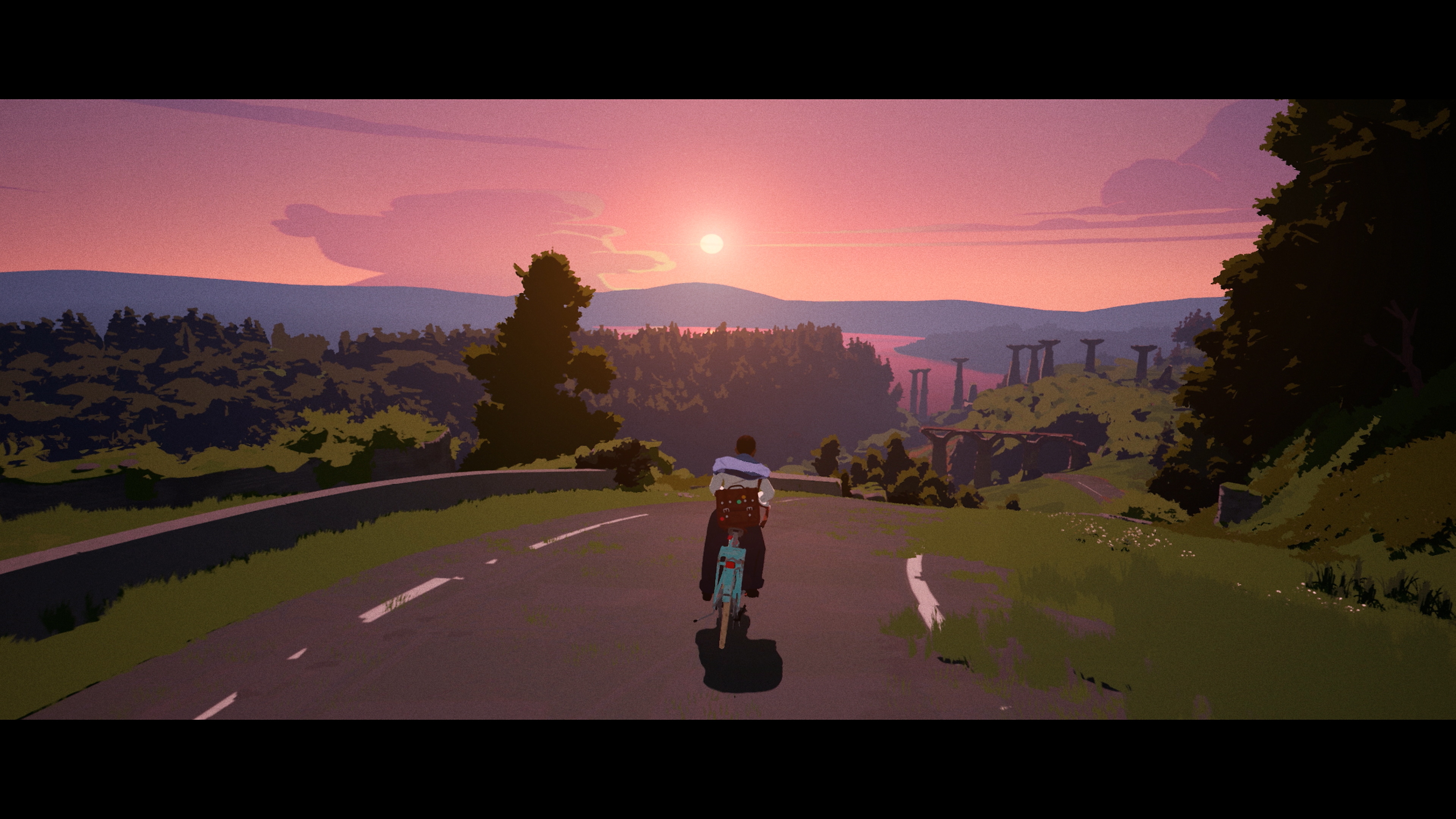 Season: A Letter to the Future - captura de tela mostrando a personagem principal andando de bicicleta sob céu rosa