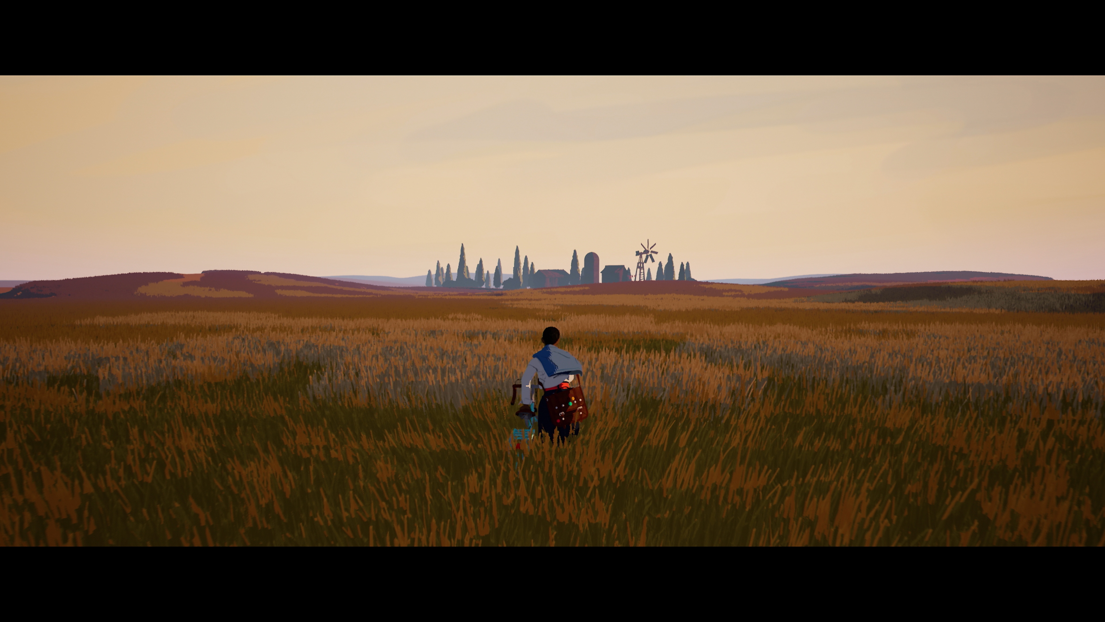 Season: A Letter to the Future – Screenshot, der die Hauptfigur zeigt, wie sie in einem Feld sitzt