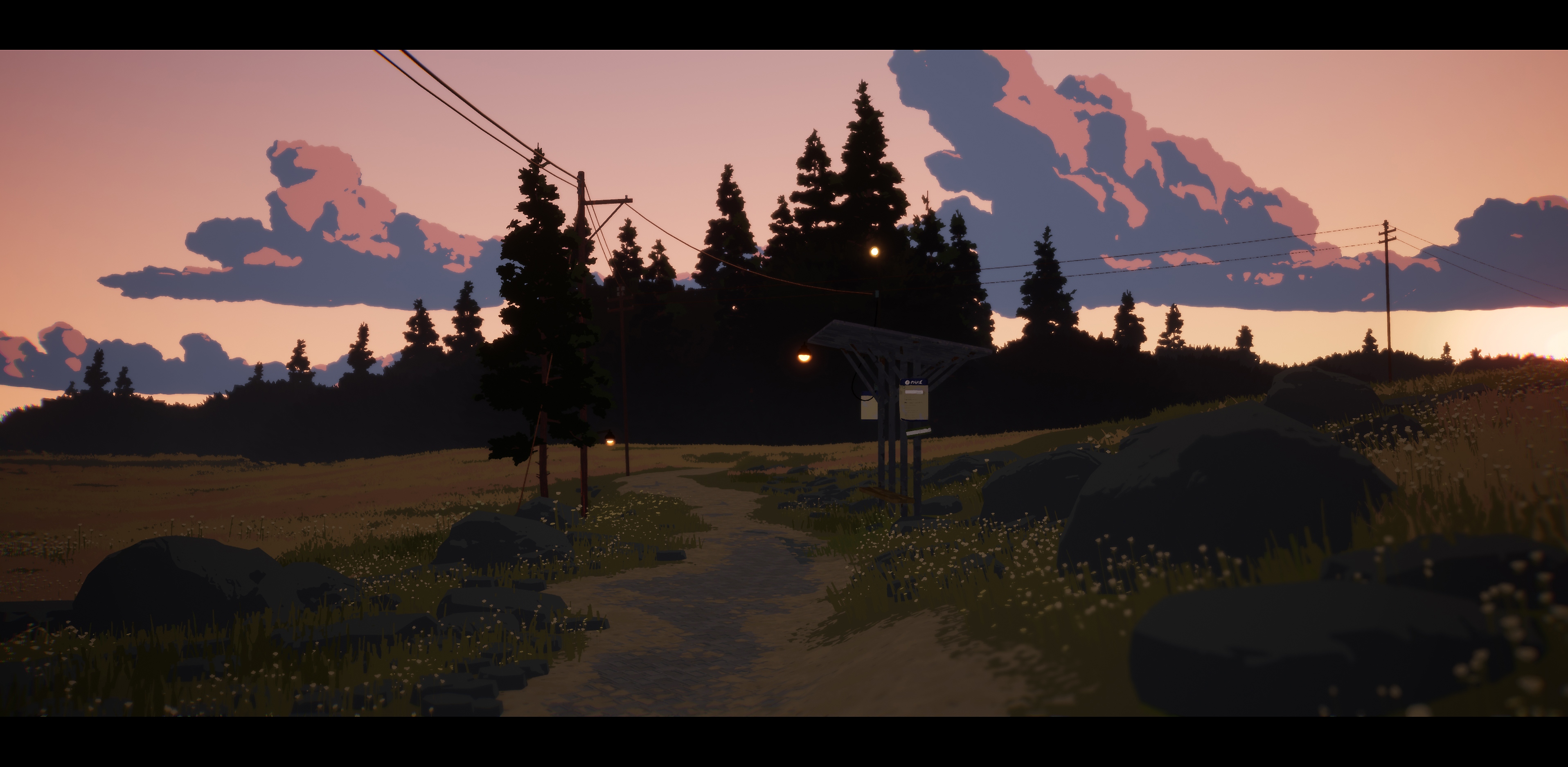 لعبة Season: A Letter to the Future - لقطة شاشة تعرض طريقًا يؤدي إلى بعض الأشجار