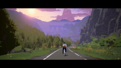 Season: A Letter to the Future - captura de ecrã que mostra a personagem principal a andar de bicicleta sob um céu cor-de-rosa