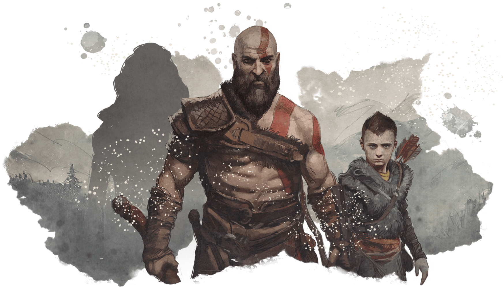 Kratos and Atreus facing the viewer in a battle-ready stance