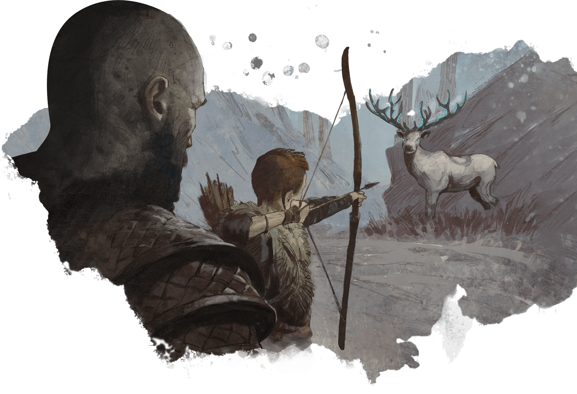 Atreus learning to hunt, with Kratos watching in the rear