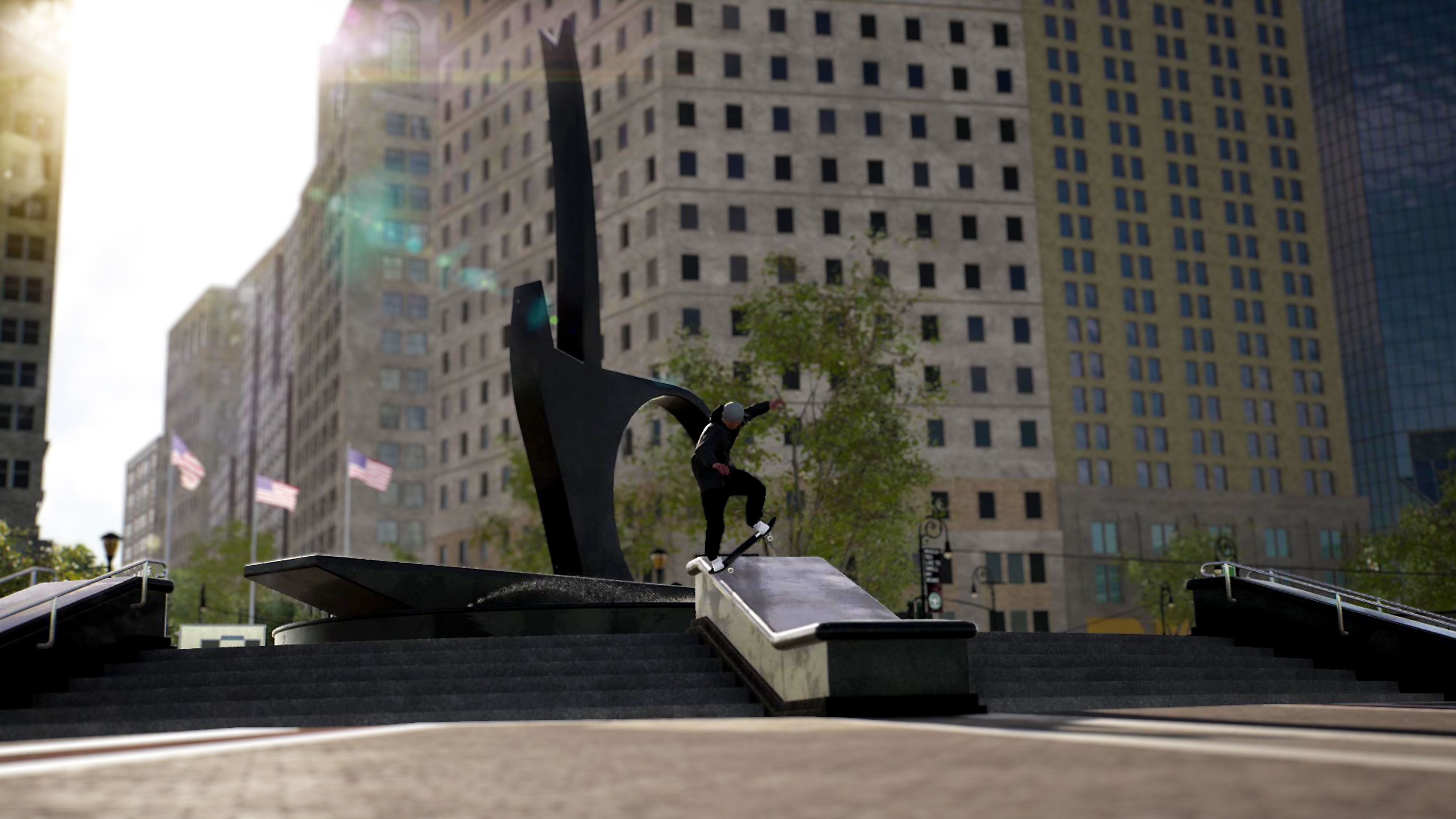 《Session:Skate Sim》螢幕截圖，顯示一名滑板玩家在城中廣場輾磨緣側