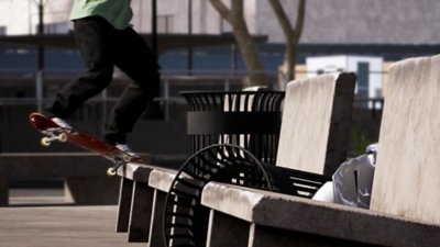 Captura de pantalla de Session: Skate Sim que muestra un skater raspando un banquillo