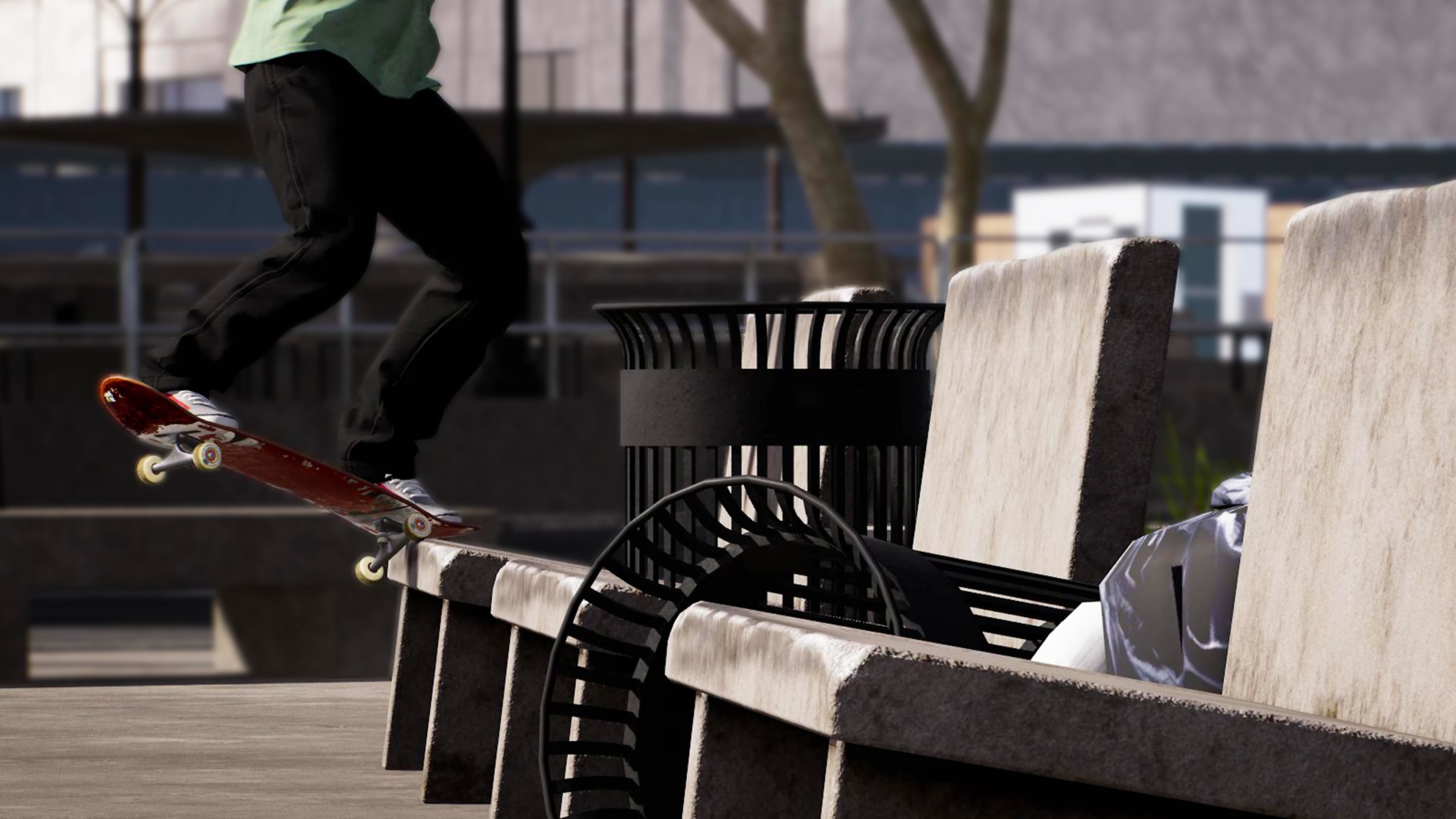 《Session:Skate Sim》螢幕截圖，顯示一名滑板玩家在輾磨長椅