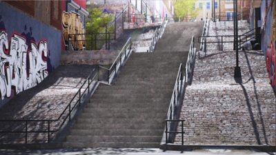 Background image showing a set of graffitied stairs