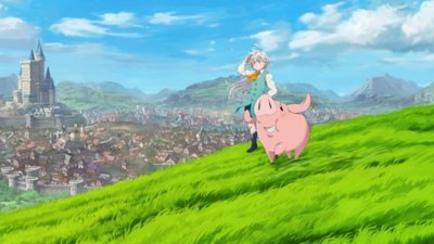 Ilustracija heroja za The Seven Deadly Sins: Origin na kojoj je prikazano kako lik sa svinjom posmatra grad