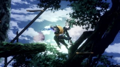Capture d'écran de Shadow Labyrinth montrant PUCK à l'intérieur d'un robot bleu et en train de balayer quelque chose dans sa bouche alors qu'il saute à travers les arbres dans ce niveau