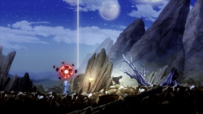Capture d'écran de Shadow Labyrinth – l'Épéiste n° 8 et PUCK foncent dans un paysage rocheux