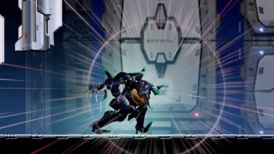 Capture d'écran de Shadow Labyrinth – PUCK sous la forme d'un mécha bleu marine