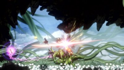 Capture d’écran de Shadow Labyrinth montrant Swordsman No. 8 combattant un ennemi couvert de feuilles qui tire une attaque de couleur violette