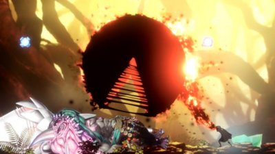 Capture d'écran de Shadow Labyrinth – l'Épéiste n° 8 et PUCK ont pris une forme géante et s'apprêtent à consommer un ennemi