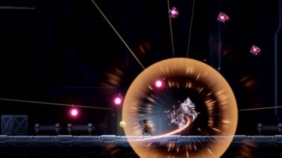 Capture d'écran de Shadow Labyrinth montrant Swordsman No. 8 tranchant un ennemi ressemblant à un golem métallique avec son épée, provoquant un anneau doré entourant l'ennemi ainsi que des orbes roses