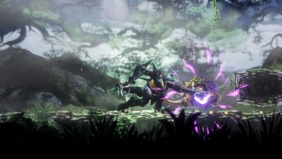 Capture d'écran de Shadow Labyrinth montrant un ennemi semblable à un robot frappant un ennemi ressemblant à un rhinocéros qui charge vers lui, avec des forêts en arrière-plan