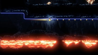 Capture d'écran de Shadow Labyrinth montrant PUCK courant le long d'une piste bleu clair dans le niveau, consommant de petites formes dorées. En dessous de PUCK se trouve une mer de lave 
