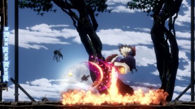 Capture d’écran de Shadow Labyrinth montrant Swordsman No. 8 combattant un ennemi ressemblant à un poulet qui a craché du feu sur le sol