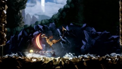 Capture d’écran de Shadow Labyrinth montrant PUCK face à un ennemi ressemblant à un vélociraptor qui tranche avec ses pattes, le niveau est rocheux et des squelettes jonchent les rochers