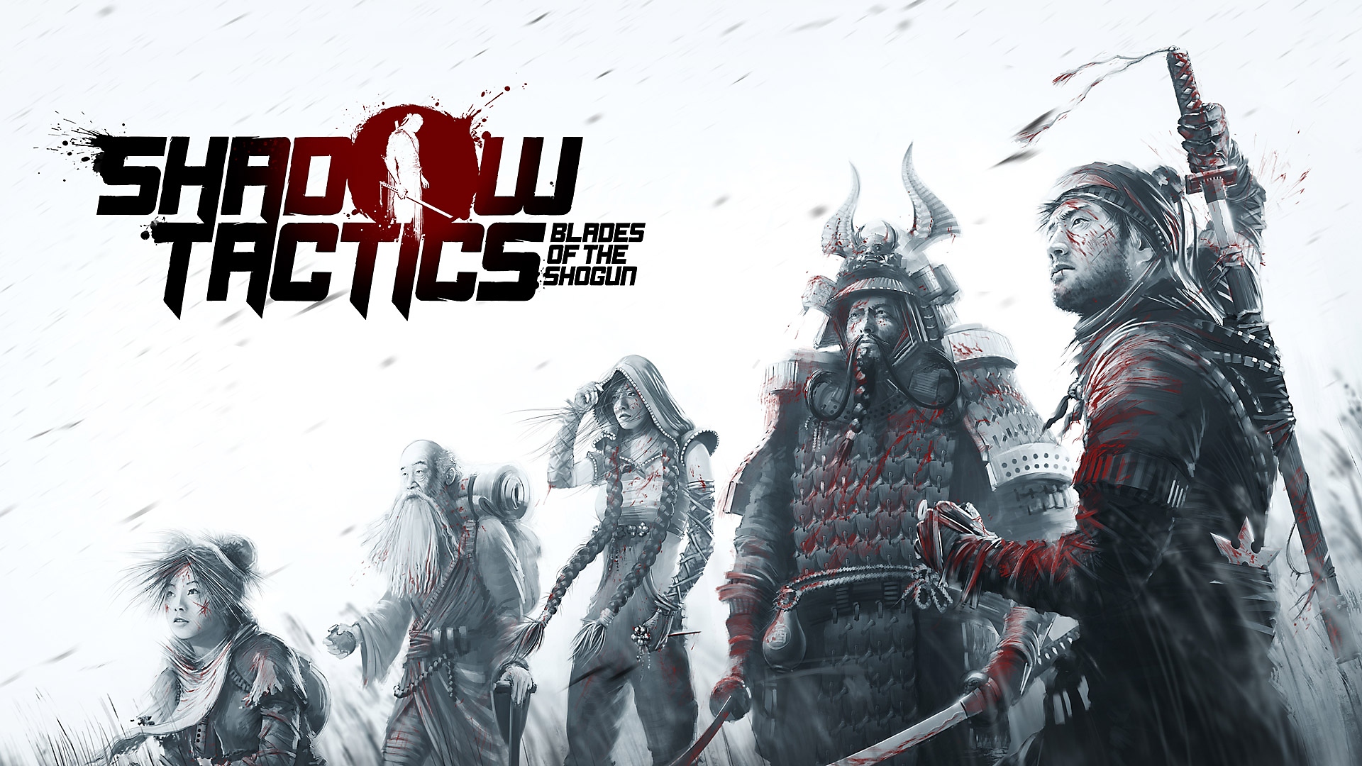 Shadow Tactics: Blades of the Shogun - العمل الفني للعبة يُظهر الشخصيات الخمسة الرئيسية في رسم بالقلم الرصاص بالأبيض والأسود.