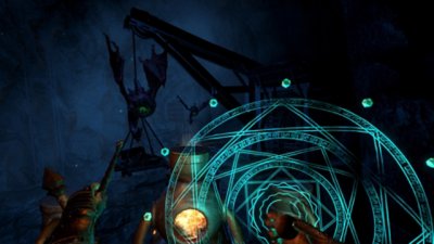 Shadowgate VR: The Mines of Mythrock - Screenshot del giocatore che usa la magia per combattere dei nemici volanti