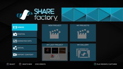 Capture d'écran de la création d'un projet SHAREfactory sur console PS4